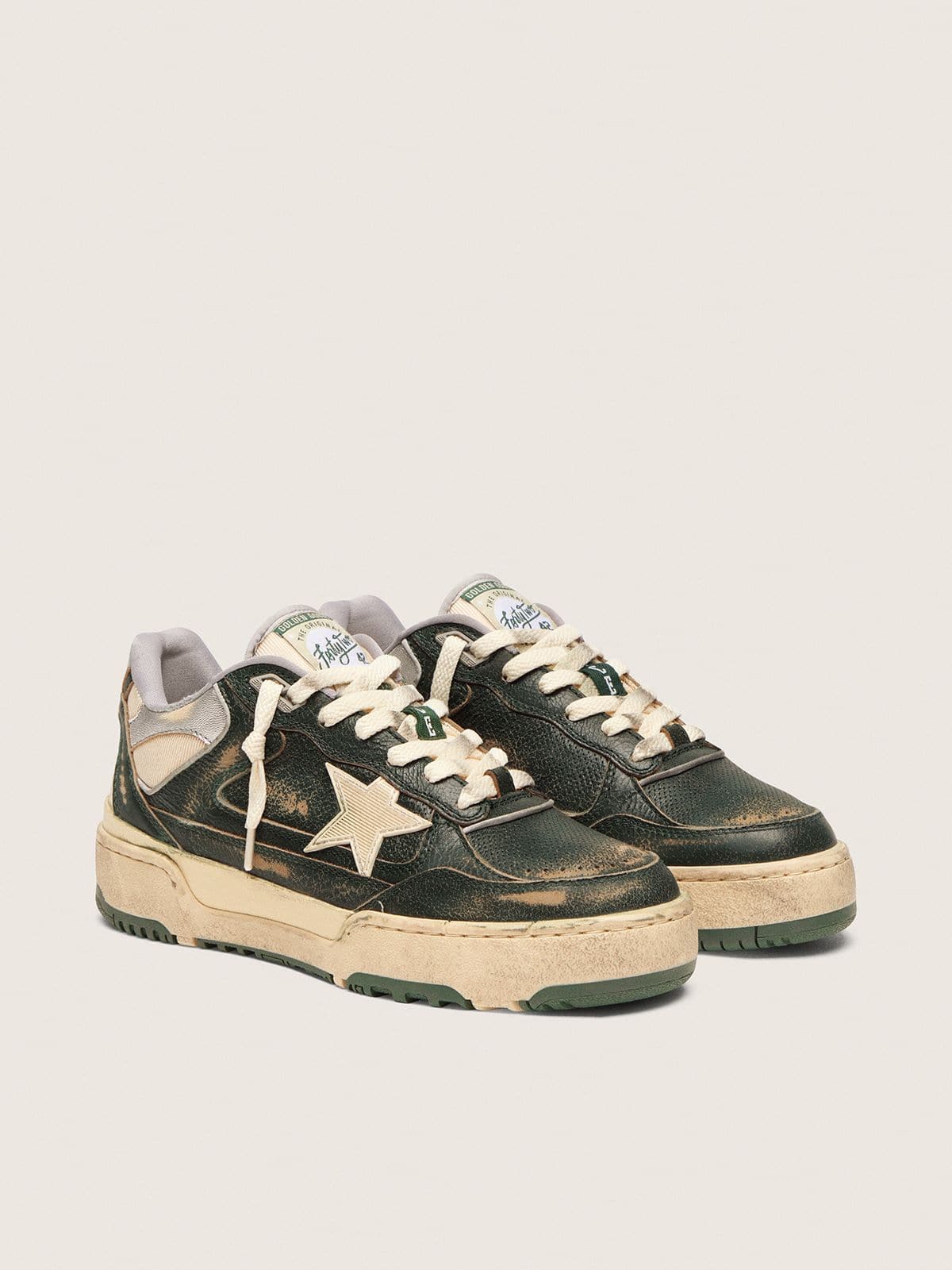 Men's Forty2 in green leather and cream nylon with TPU star and silver leather heel tab
