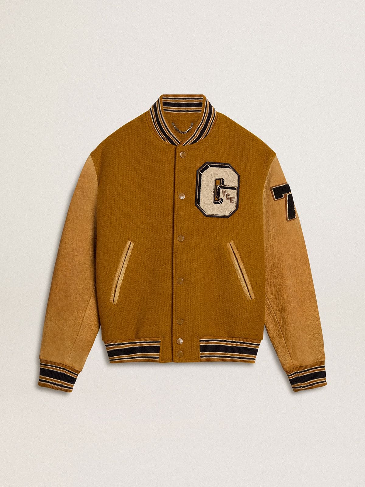 Ochre yellow wool bomber jacket with leather sleeves