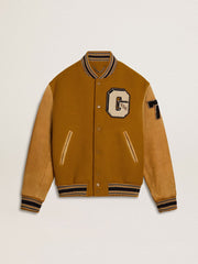 Ochre yellow wool bomber jacket with leather sleeves