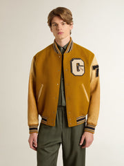 Ochre yellow wool bomber jacket with leather sleeves