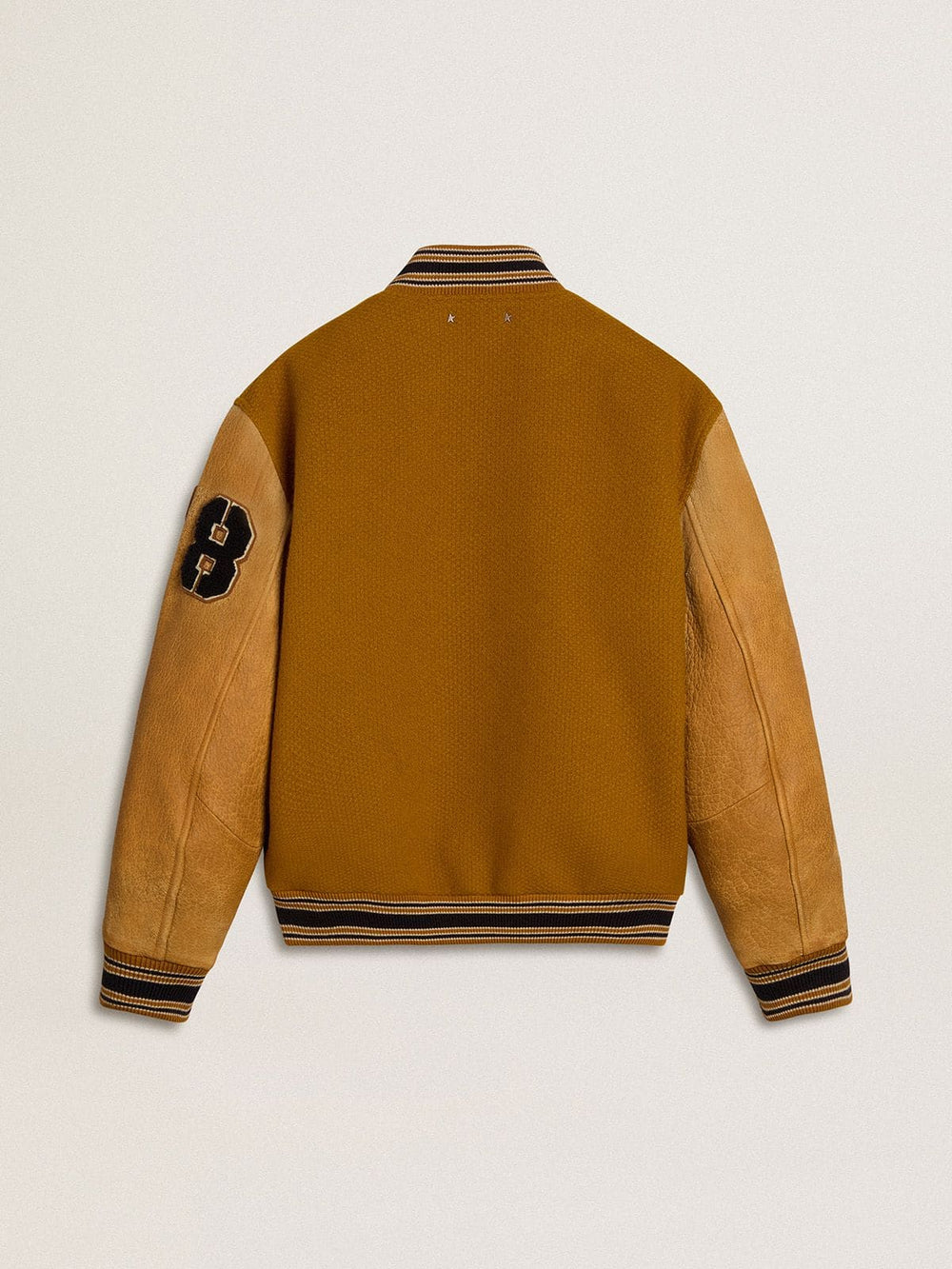 Ochre yellow wool bomber jacket with leather sleeves