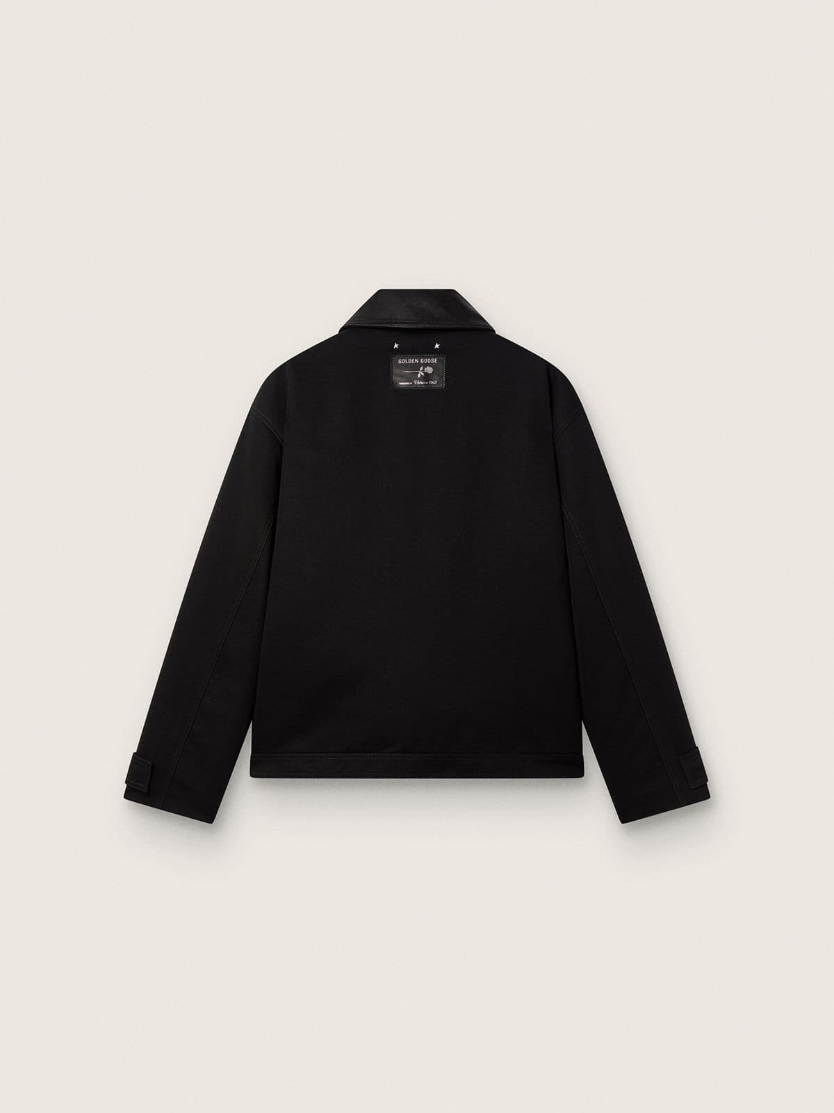 Men's short padded jacket in black cotton with leather collar