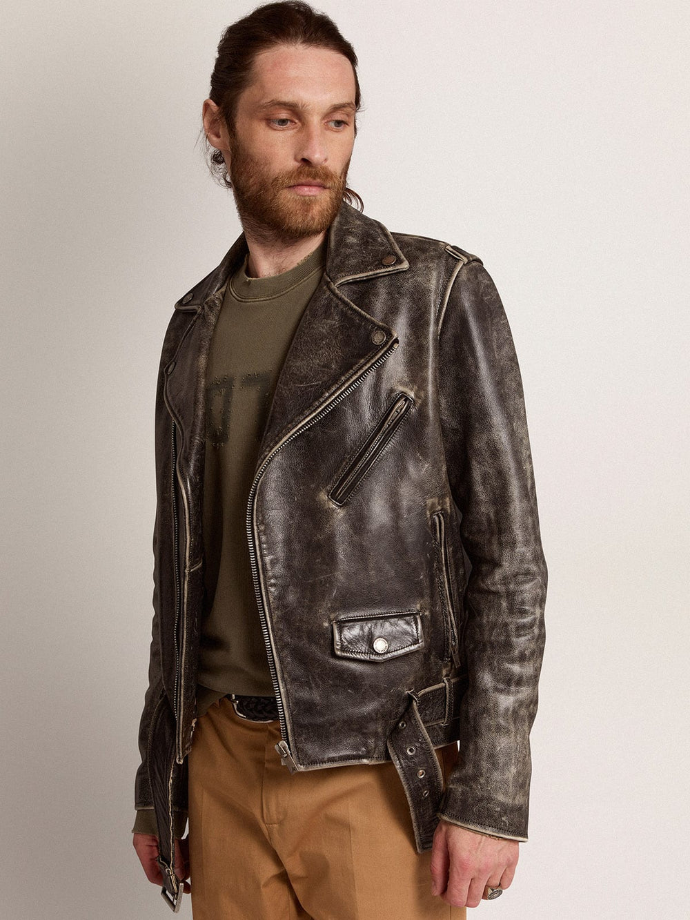 Men’s black leather biker jacket Golden Goose