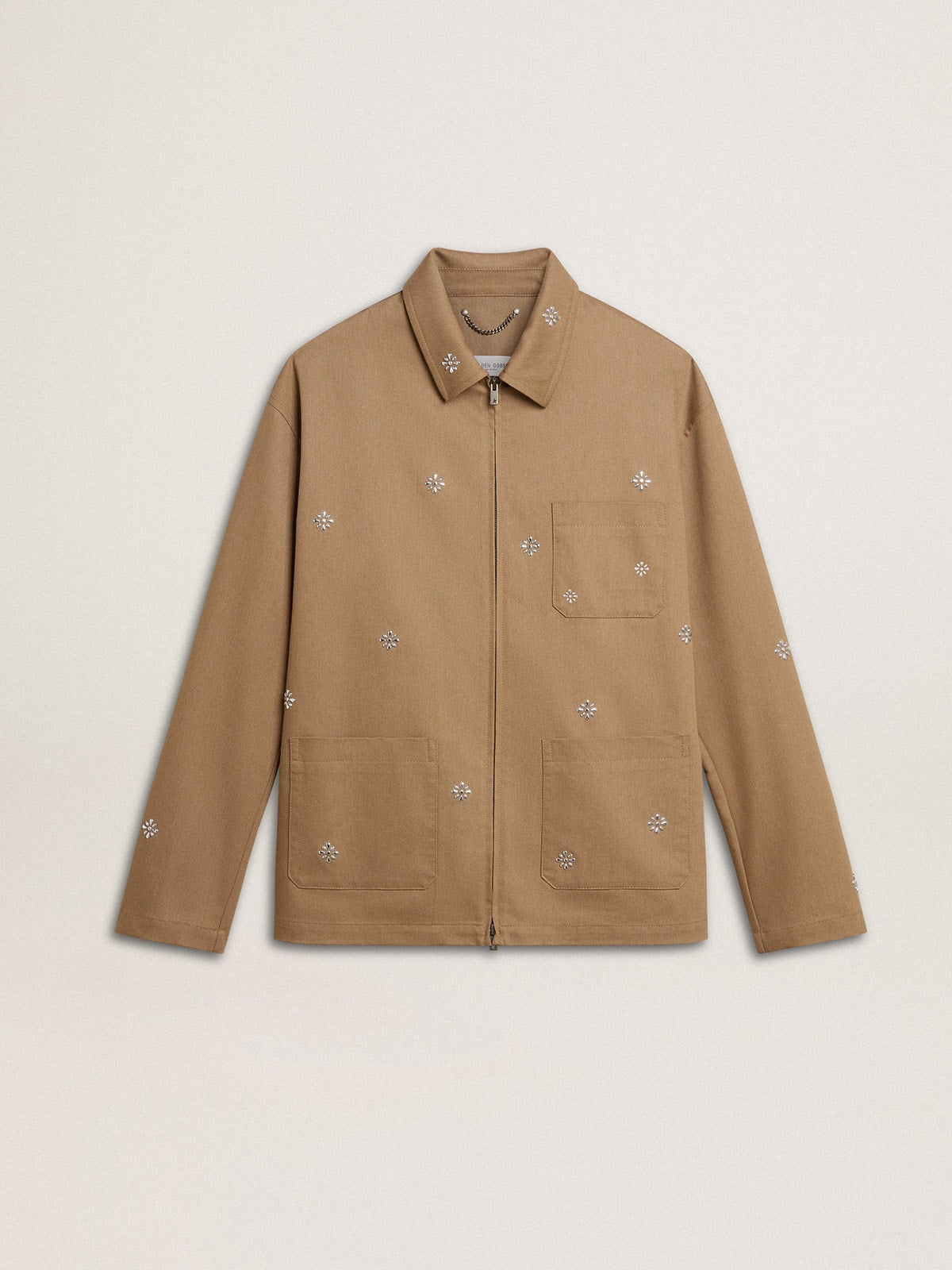 Men's beige jacket with floral embroidery and full zip