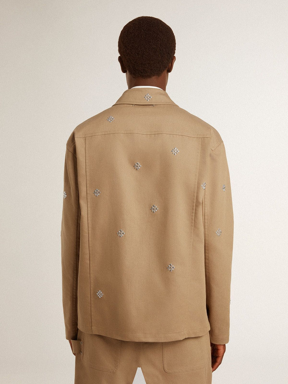 Men's beige jacket with floral embroidery and full zip