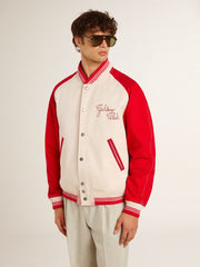 Bomber jacket in worn white and red with embroidery