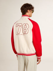 Bomber jacket in worn white and red with embroidery