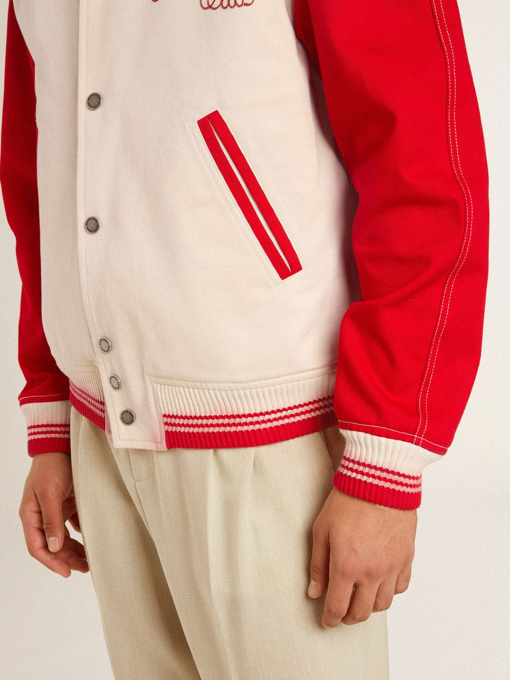 Bomber jacket in worn white and red with embroidery