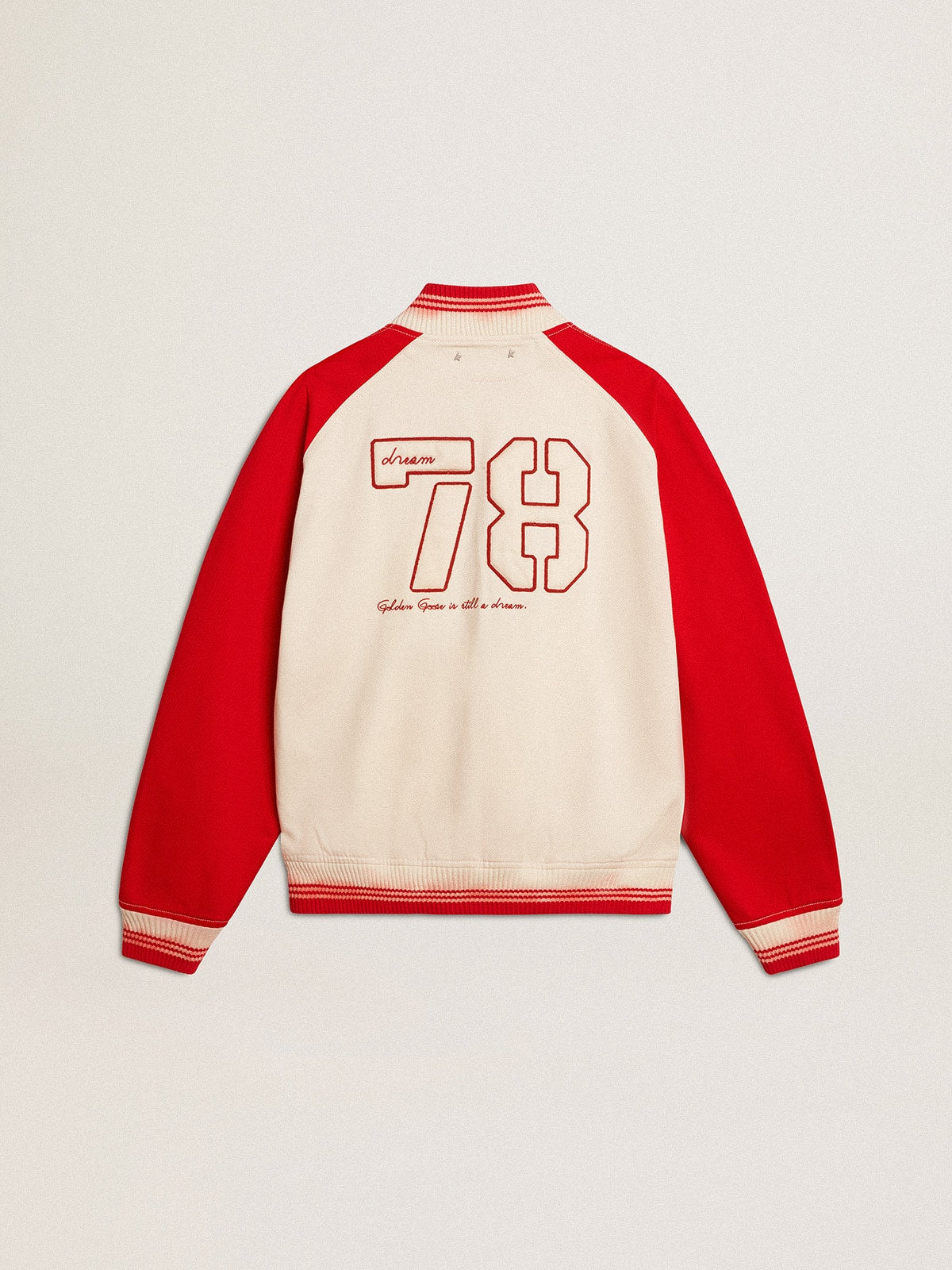 Bomber jacket in worn white and red with embroidery