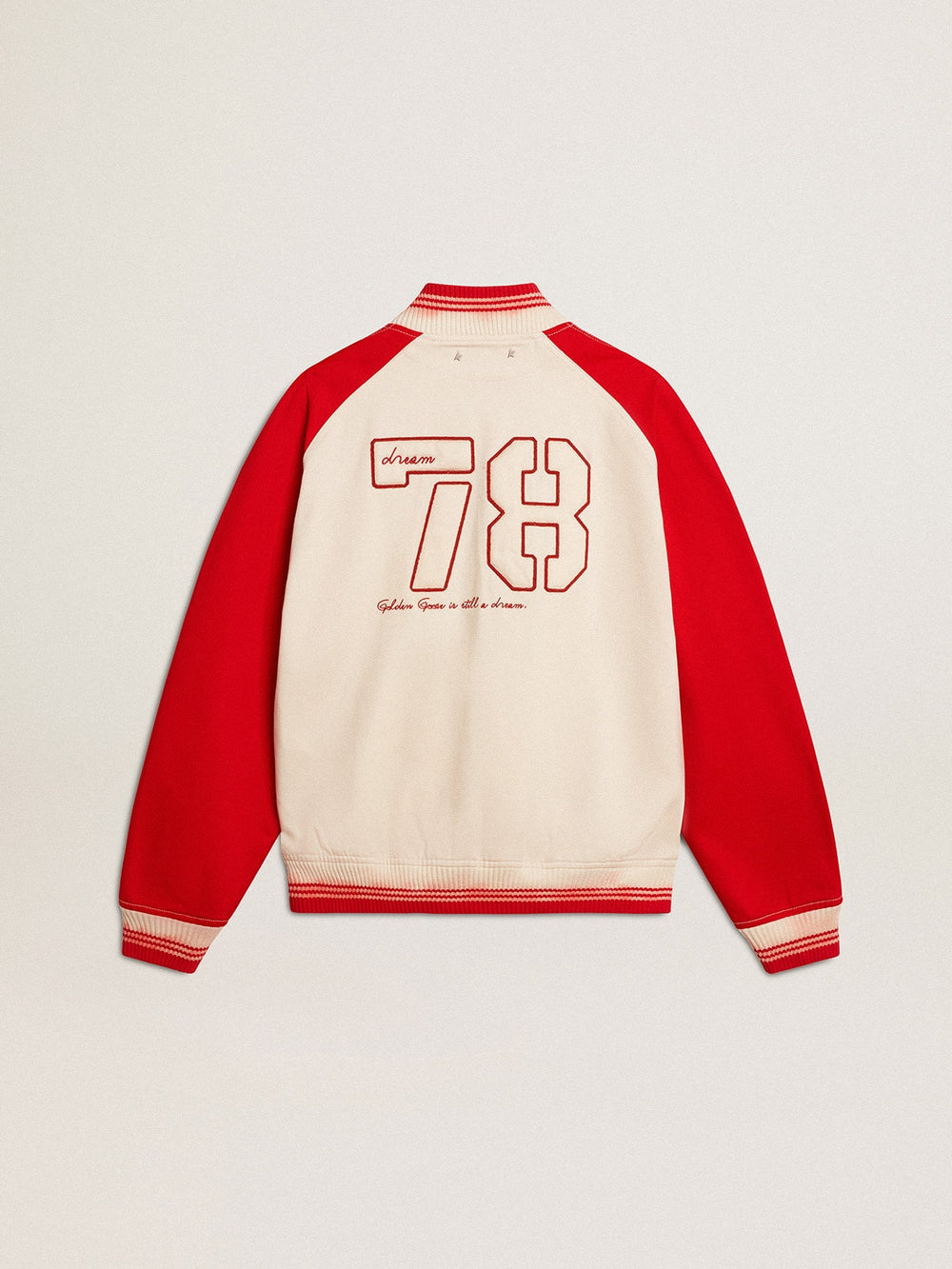 Bomber jacket in worn white and red with embroidery