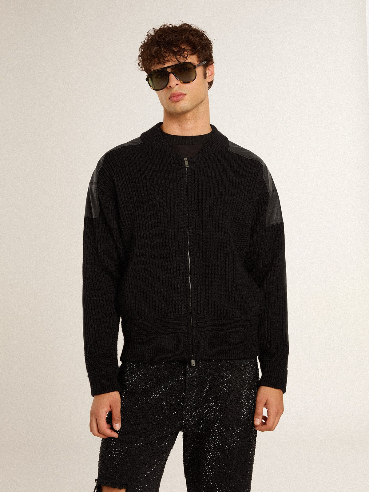 Men's black merino wool jacket with leather patches