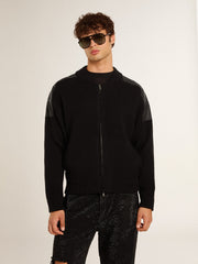 Men's black merino wool jacket with leather patches