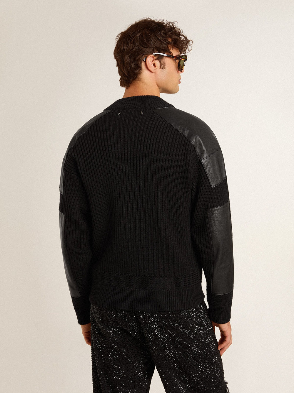 Men's black merino wool jacket with leather patches