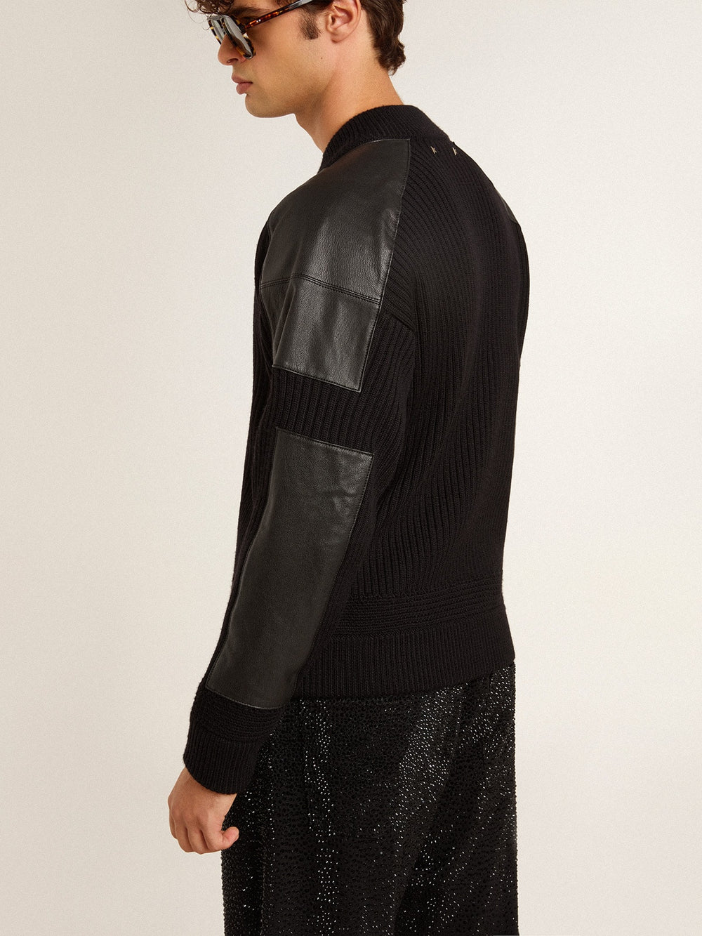 Men's black merino wool jacket with leather patches