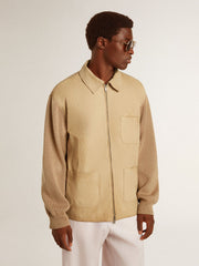 Men's jacket in travertine-colored nubuck leather with wool-blend sleeves and back