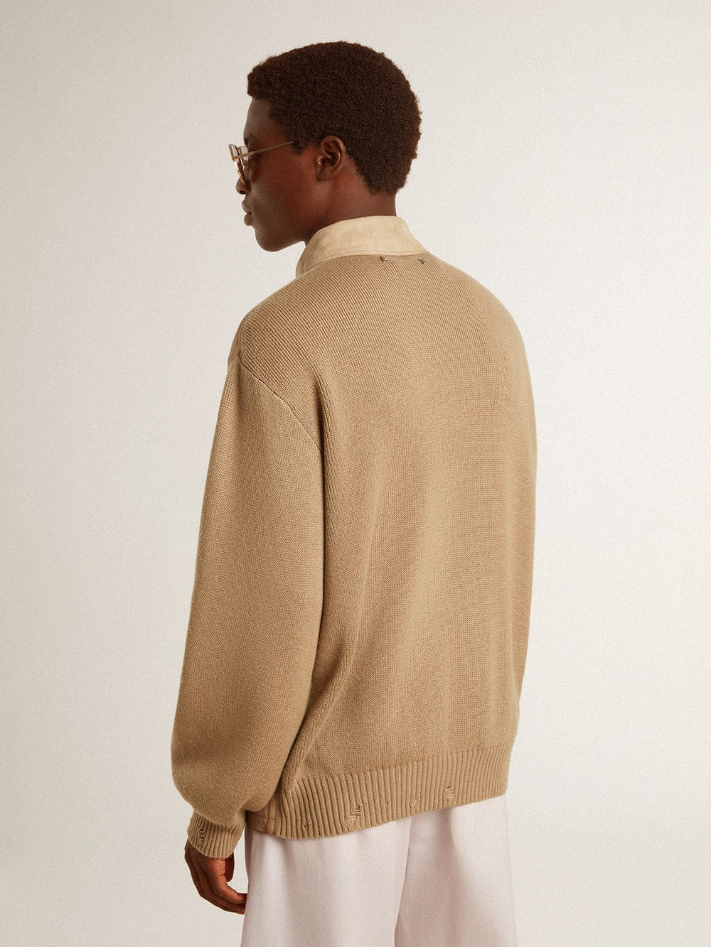 Men's jacket in travertine-colored nubuck leather with wool-blend sleeves and back