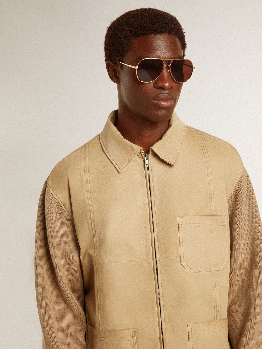 Men's jacket in travertine-colored nubuck leather with wool-blend sleeves and back