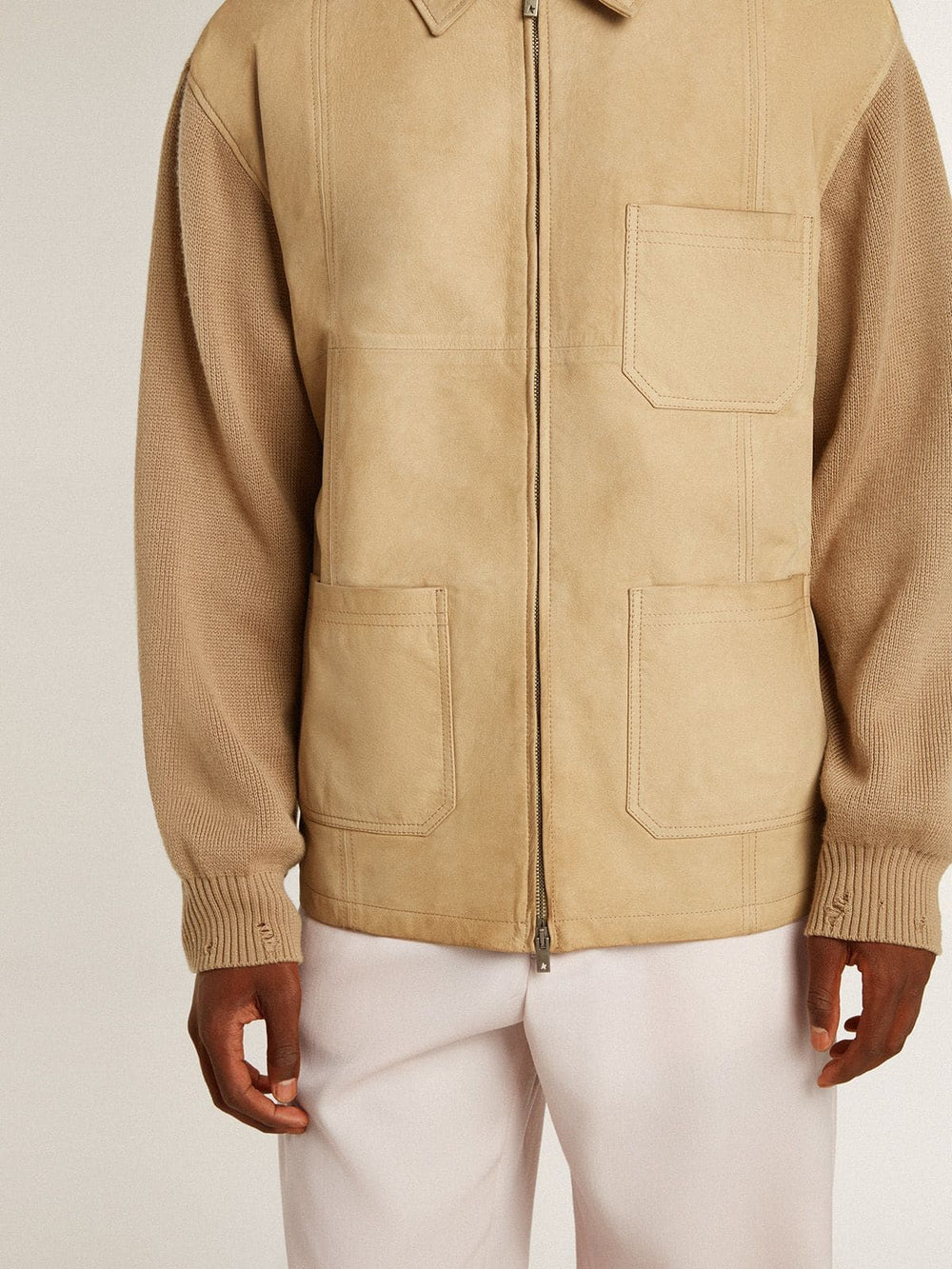 Men's jacket in travertine-colored nubuck leather with wool-blend sleeves and back