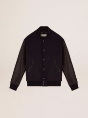 Men’s bomber jacker in blue wool and black leather Golden Goose