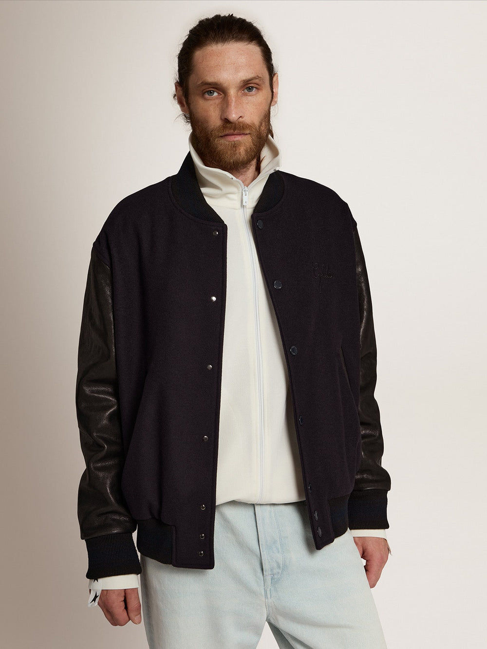 Men’s bomber jacker in blue wool and black leather Golden Goose