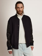 Men’s bomber jacker in blue wool and black leather Golden Goose
