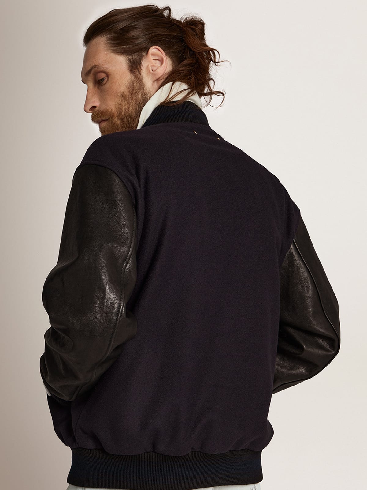 Men’s bomber jacker in blue wool and black leather Golden Goose