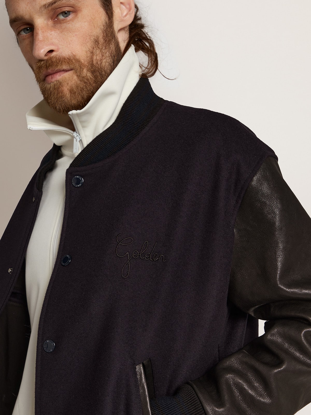 Men’s bomber jacker in blue wool and black leather Golden Goose