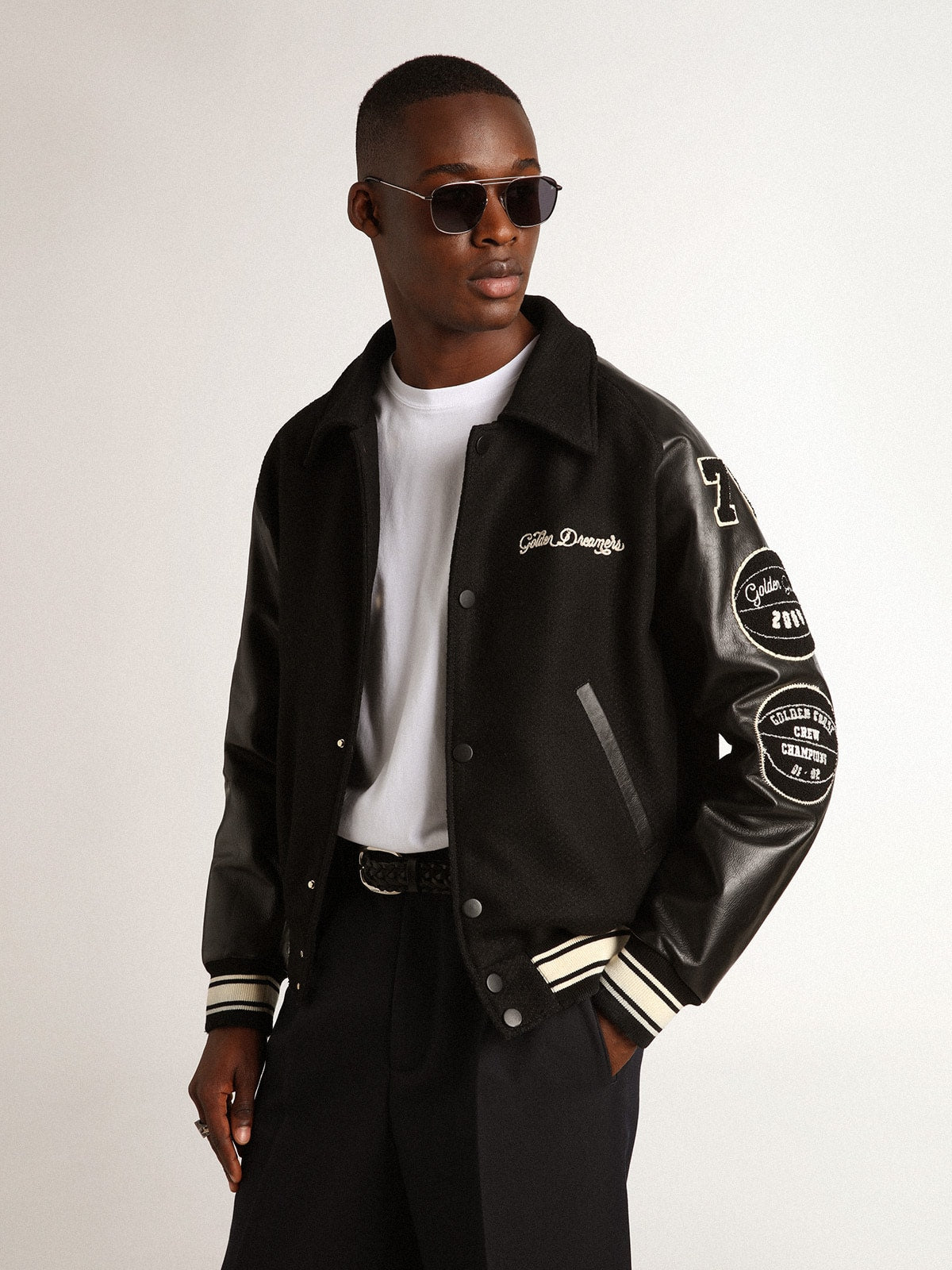 Black wool bomber jacket with patch