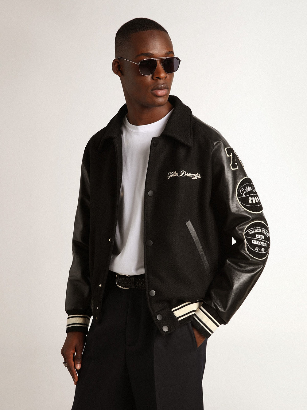 Black wool bomber jacket with patch