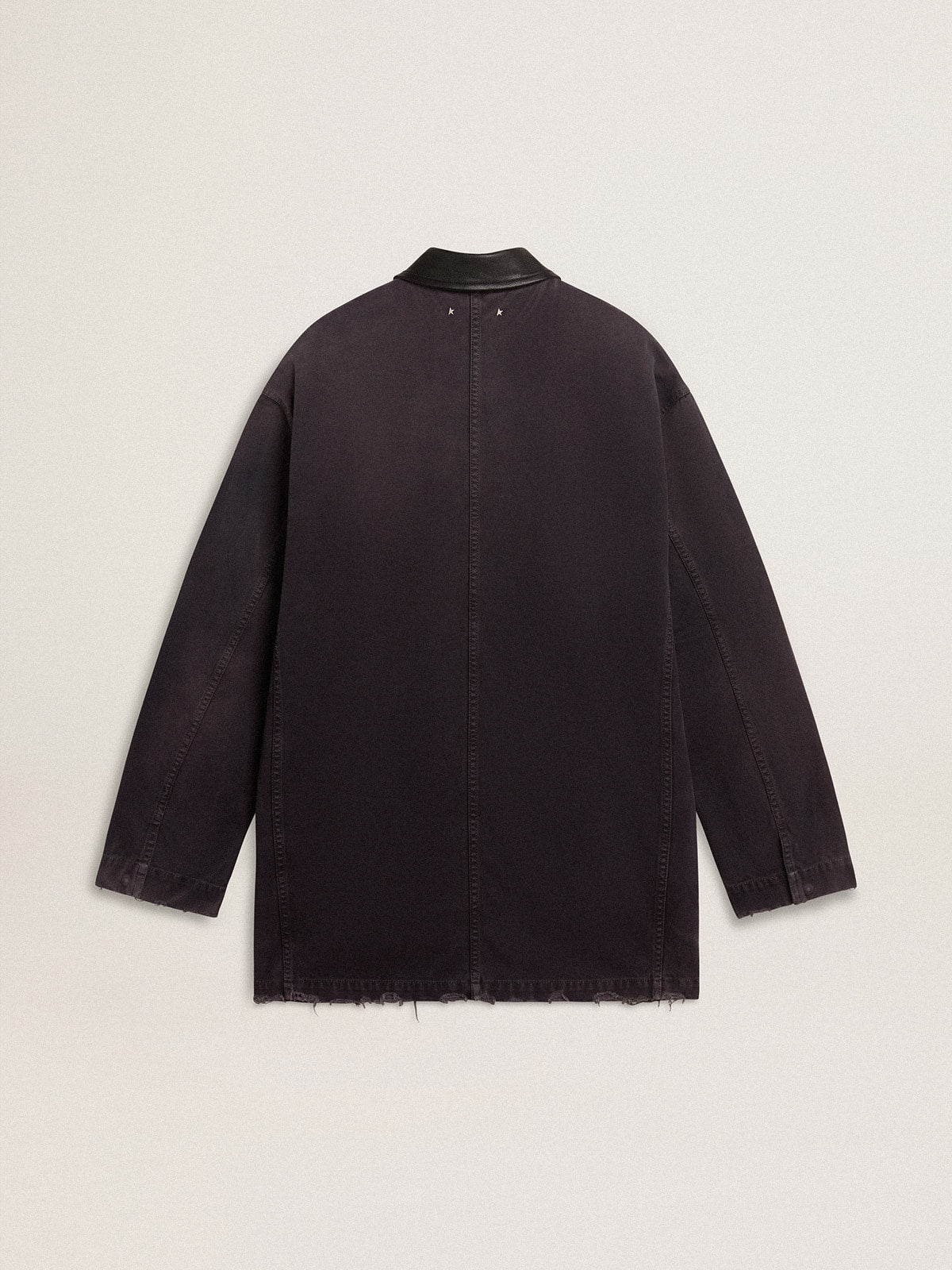 Men's denim jacket with distressed details and leather collar