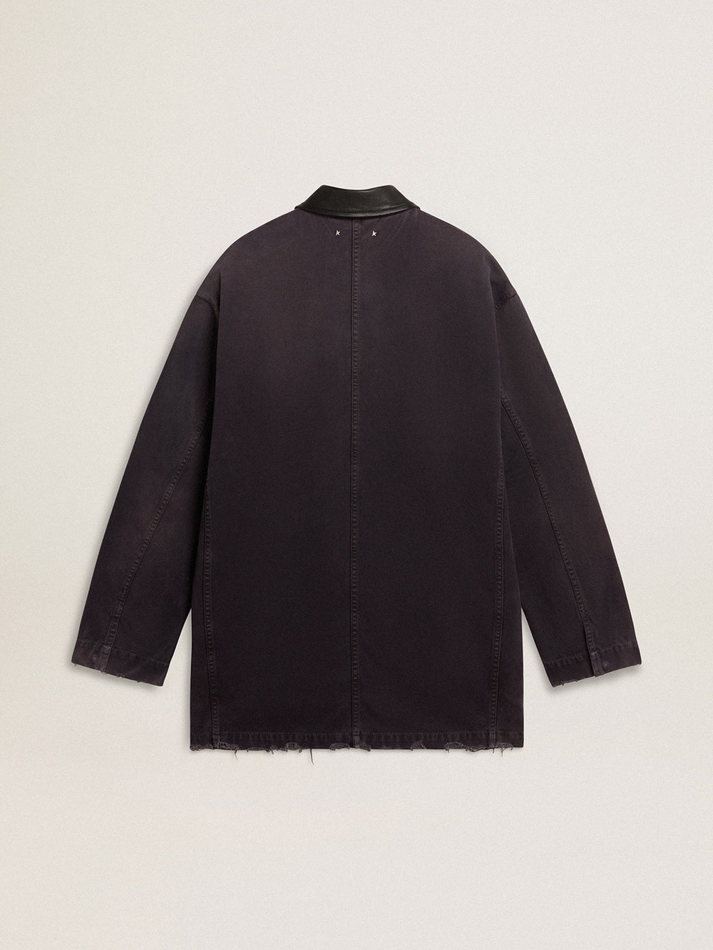 Men's denim jacket with distressed details and leather collar