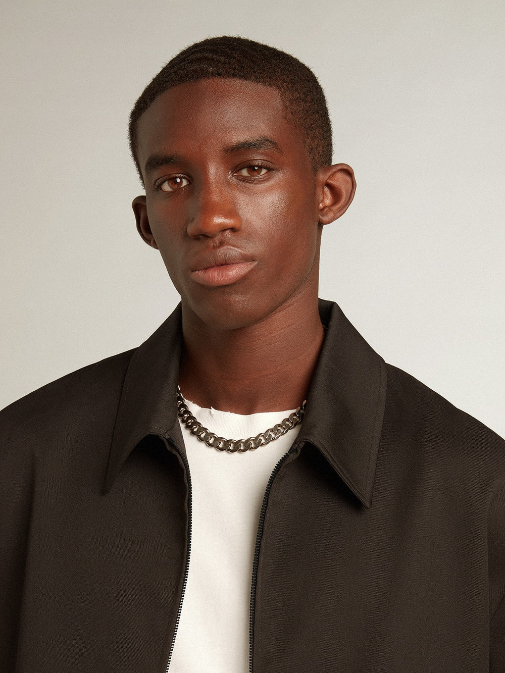 Men’s zip-up jacket in black wool gabardine