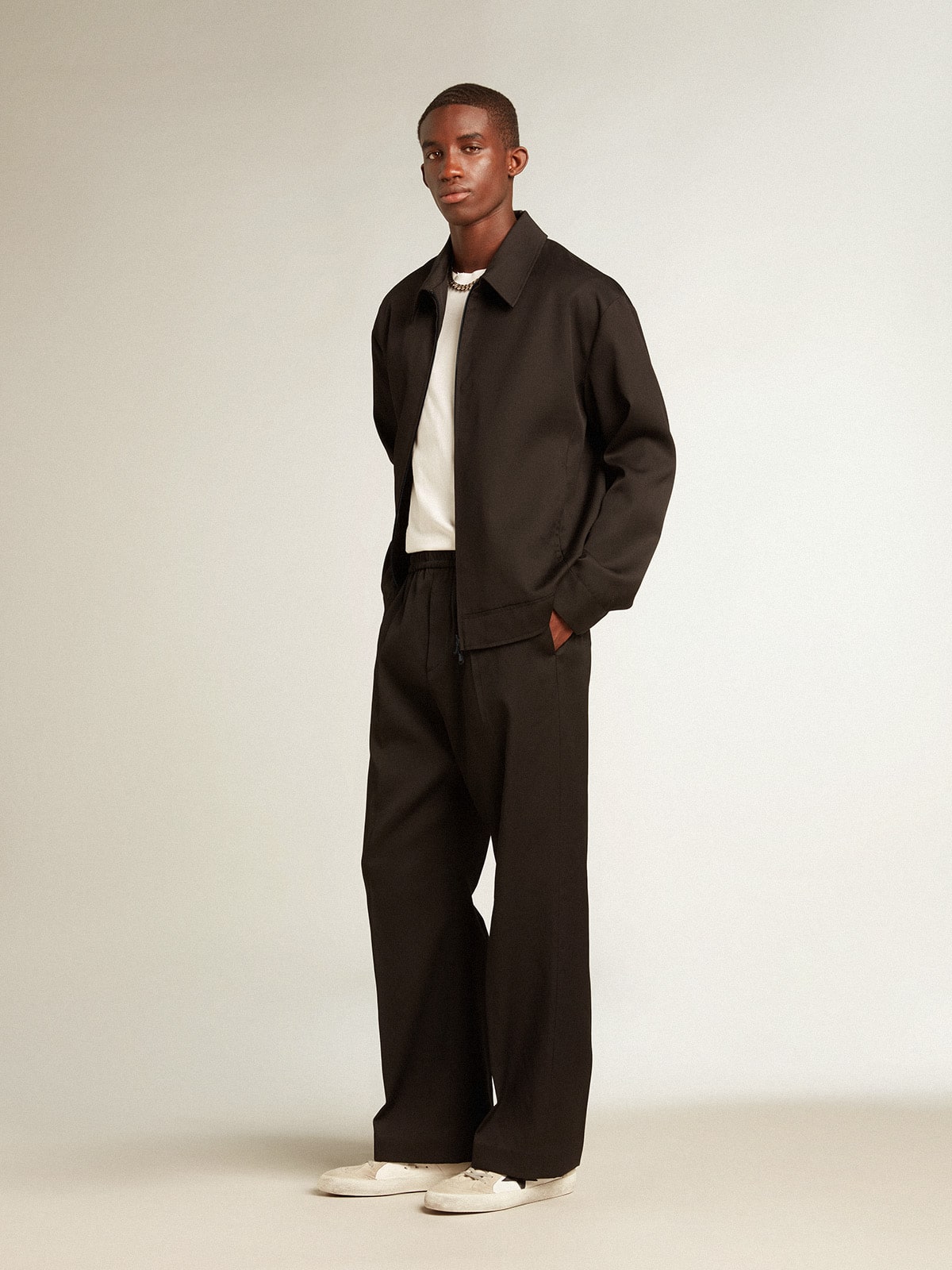 Men’s zip-up jacket in black wool gabardine
