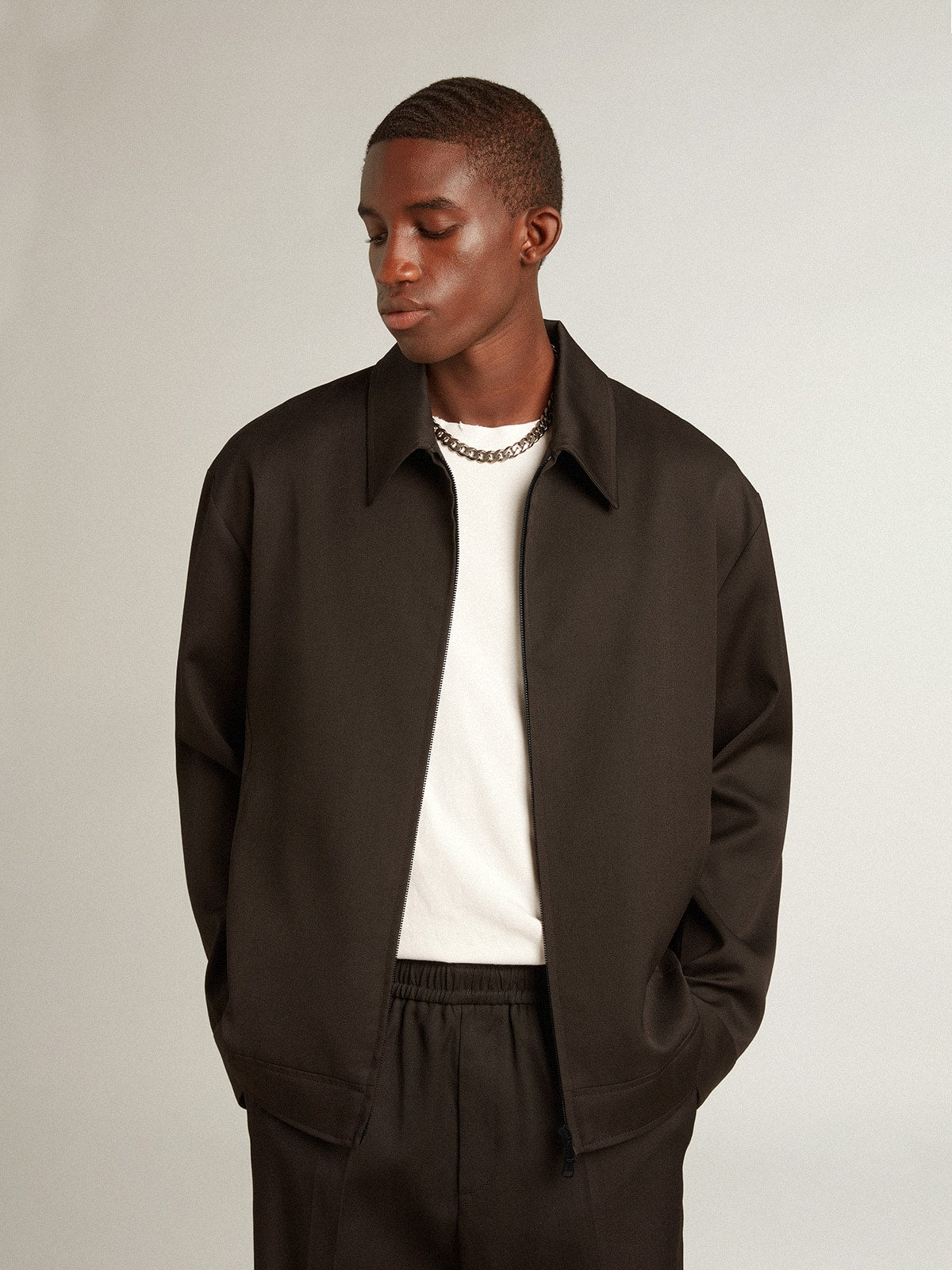 Men’s zip-up jacket in black wool gabardine