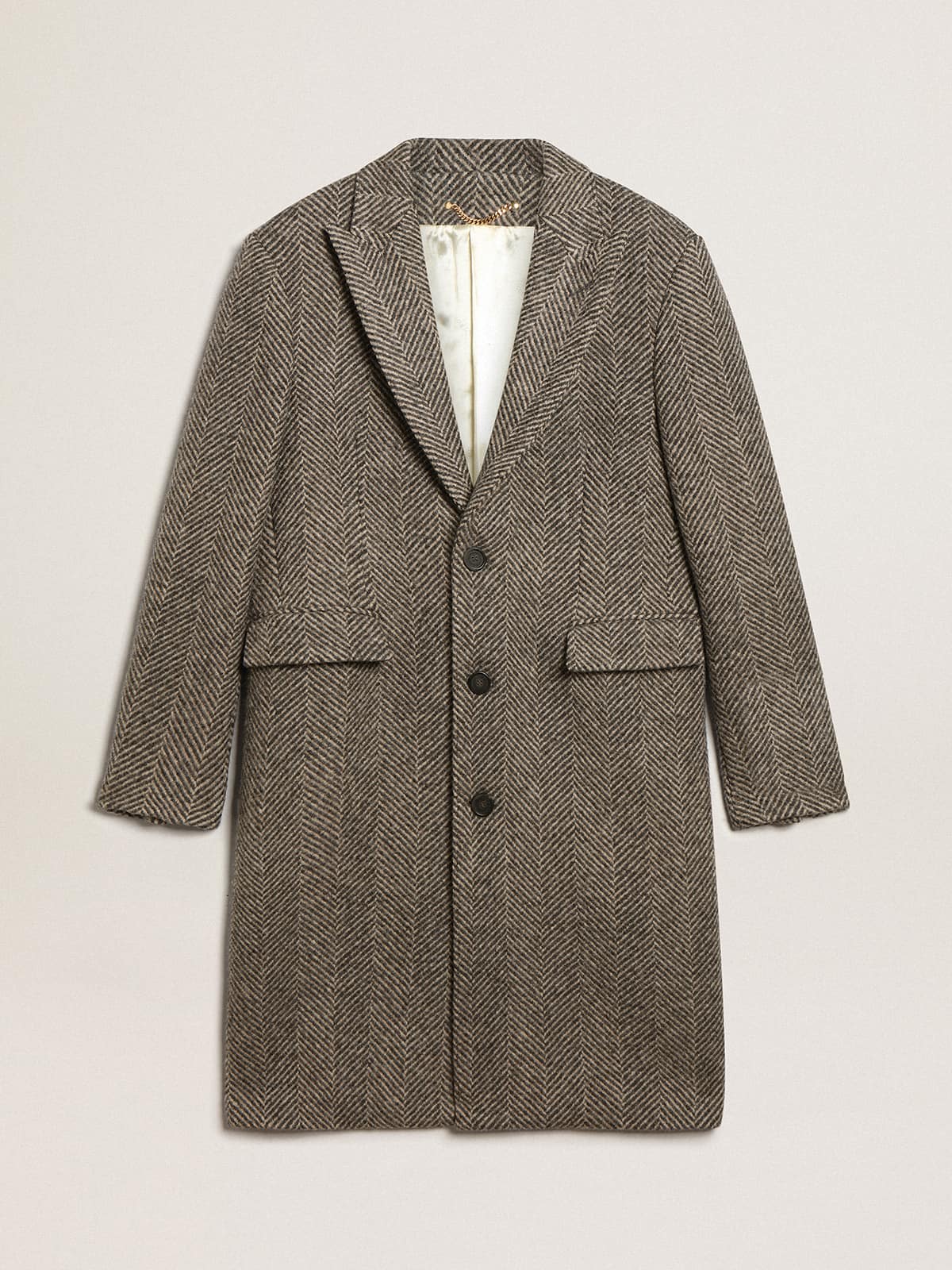 Men's single-breasted wool coat with beige and gray herringbone weave