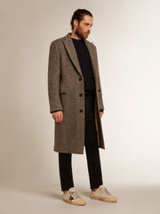 Men's single-breasted wool coat with beige and gray herringbone weave