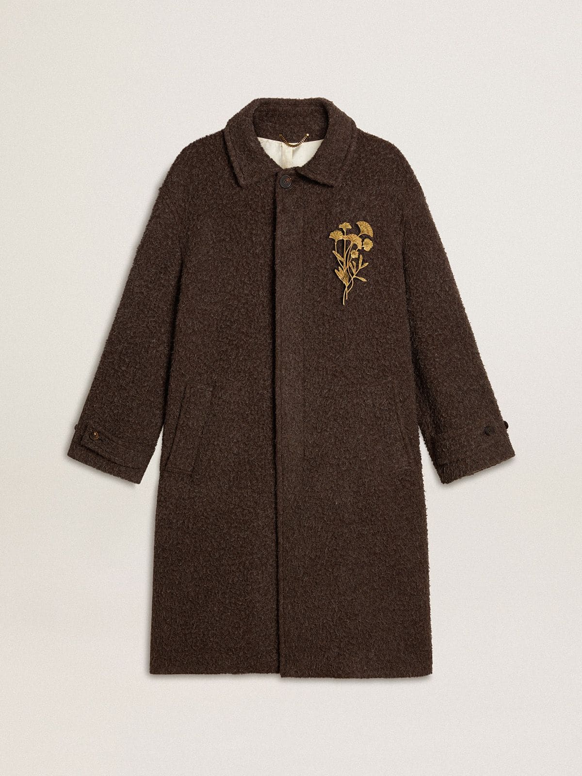 Men's single-breasted Journey coat in wrinkle wool blend with floral pin