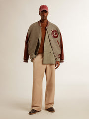 Bomber jacket in gray melange wool with leather sleeves