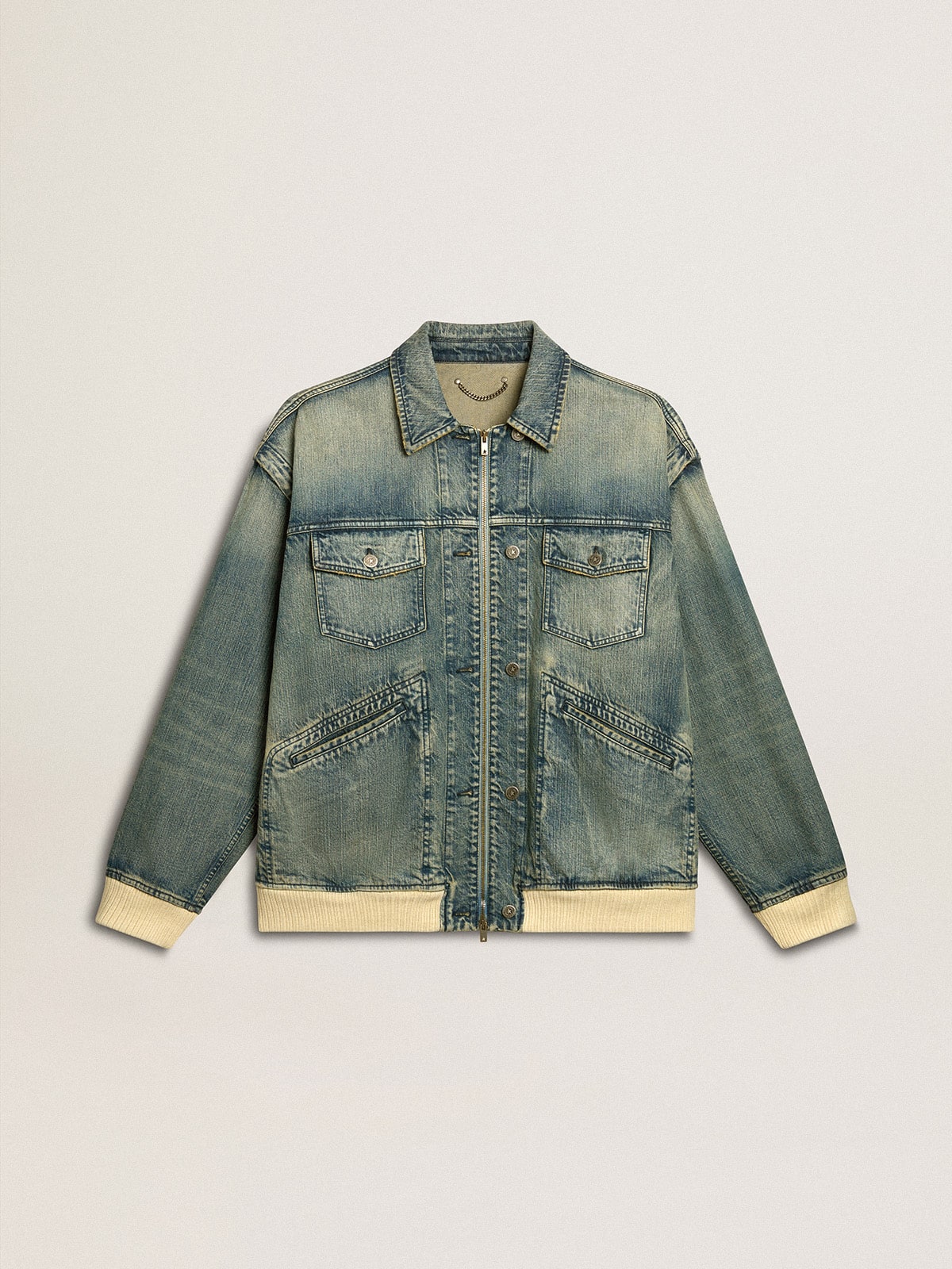 Men's washed denim jacket with wool blend ribbing
