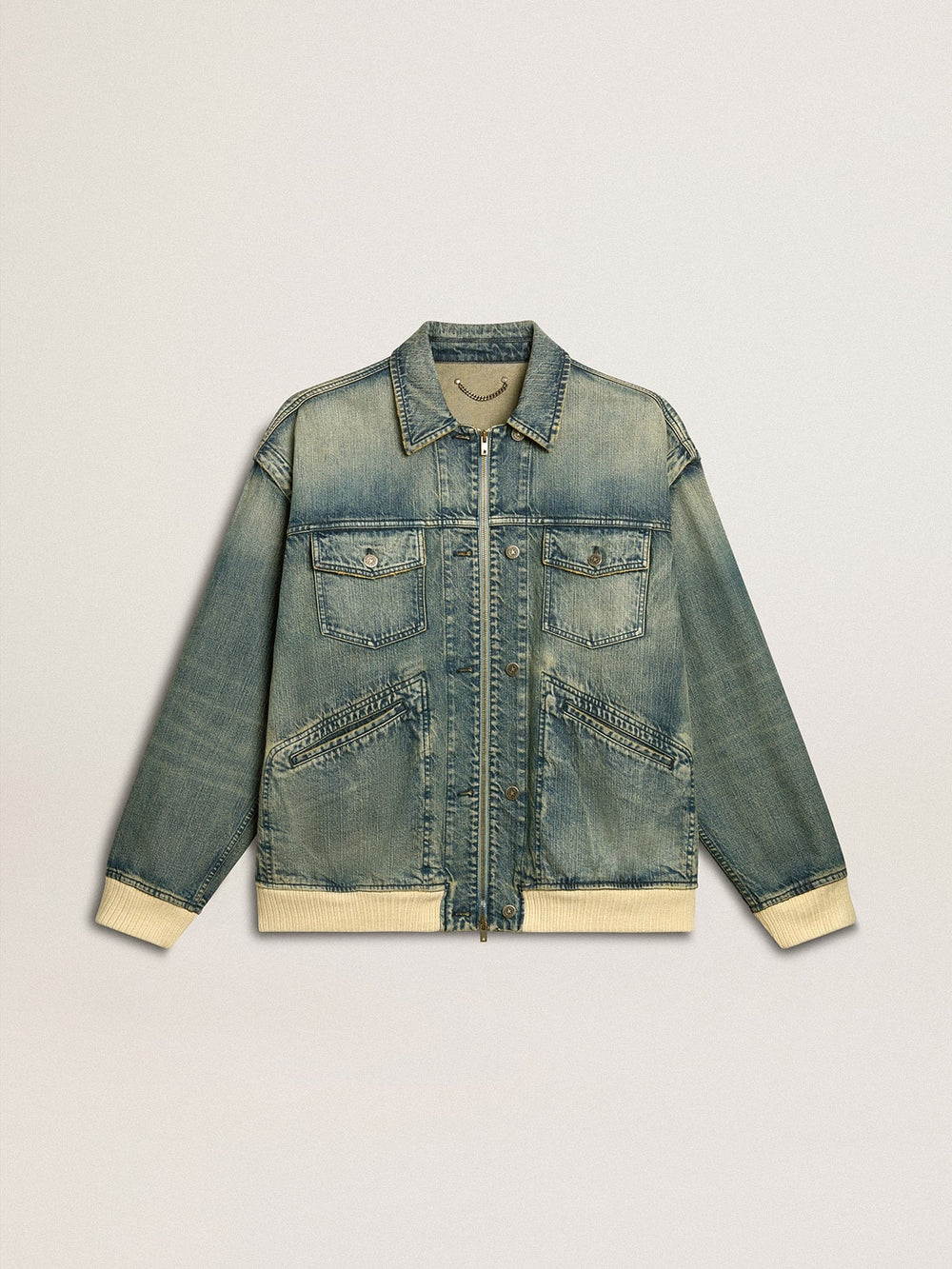 Men's washed denim jacket with wool blend ribbing