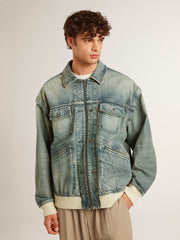 Men's washed denim jacket with wool blend ribbing