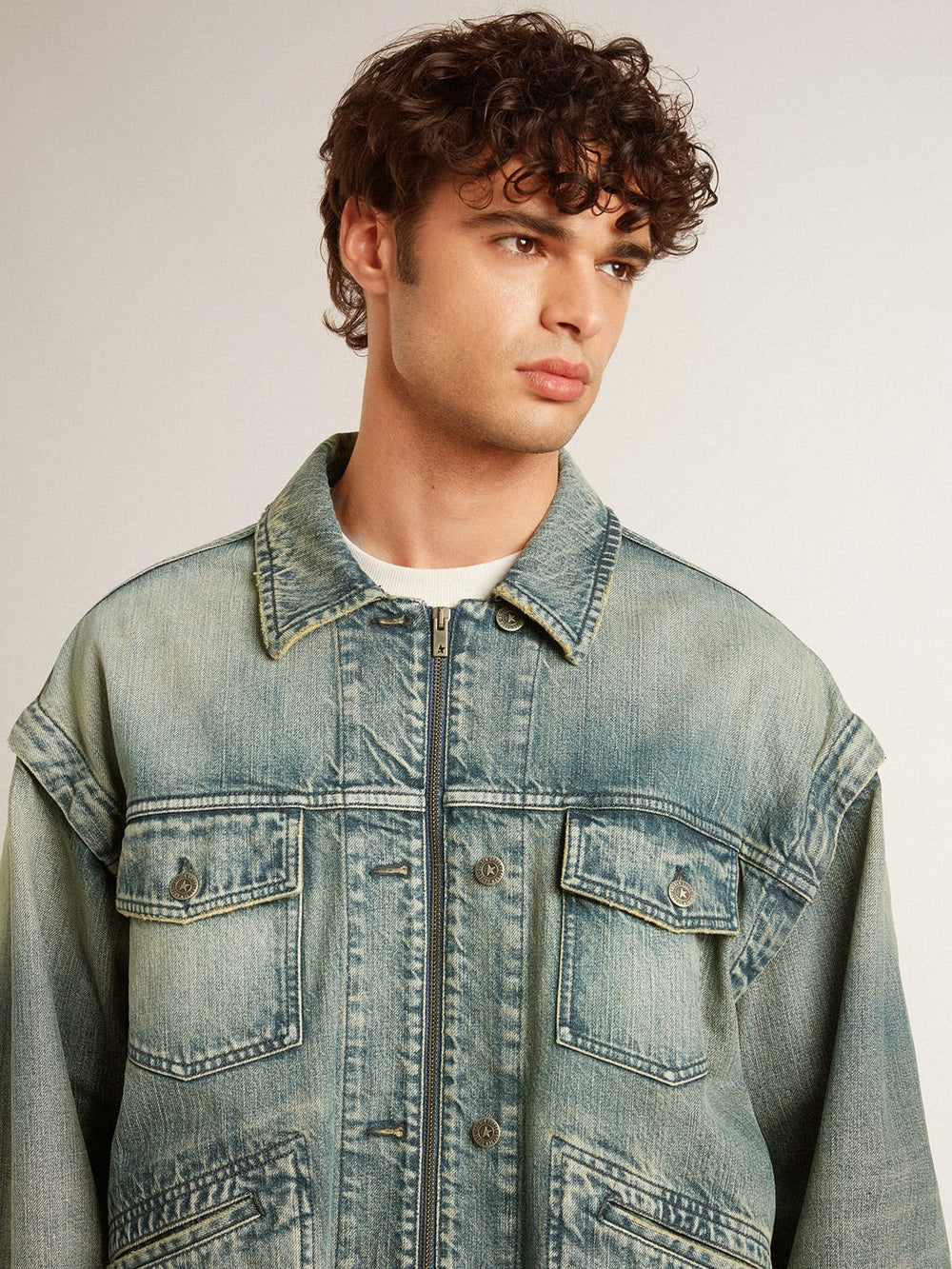 Men's washed denim jacket with wool blend ribbing