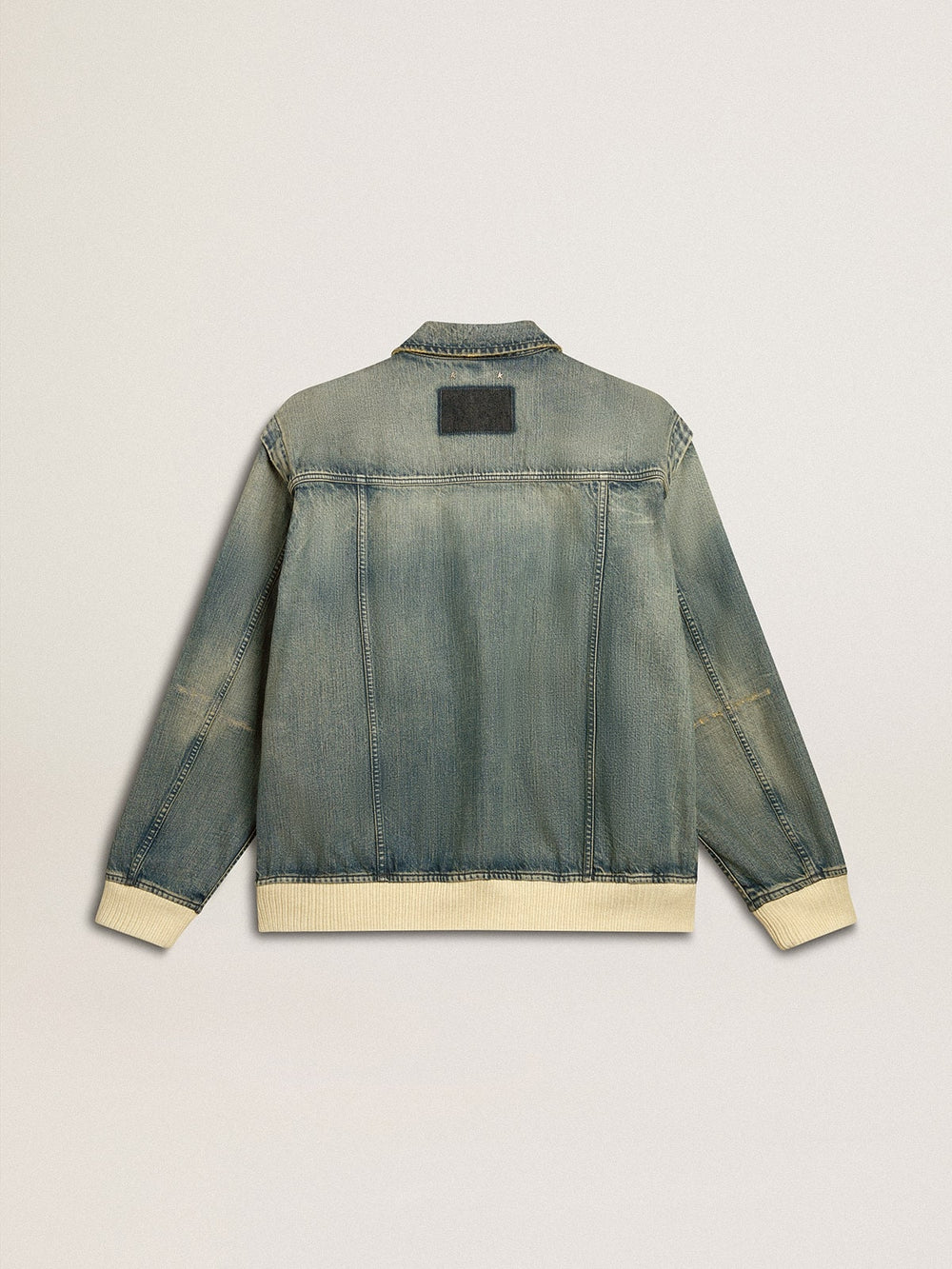 Men's washed denim jacket with wool blend ribbing