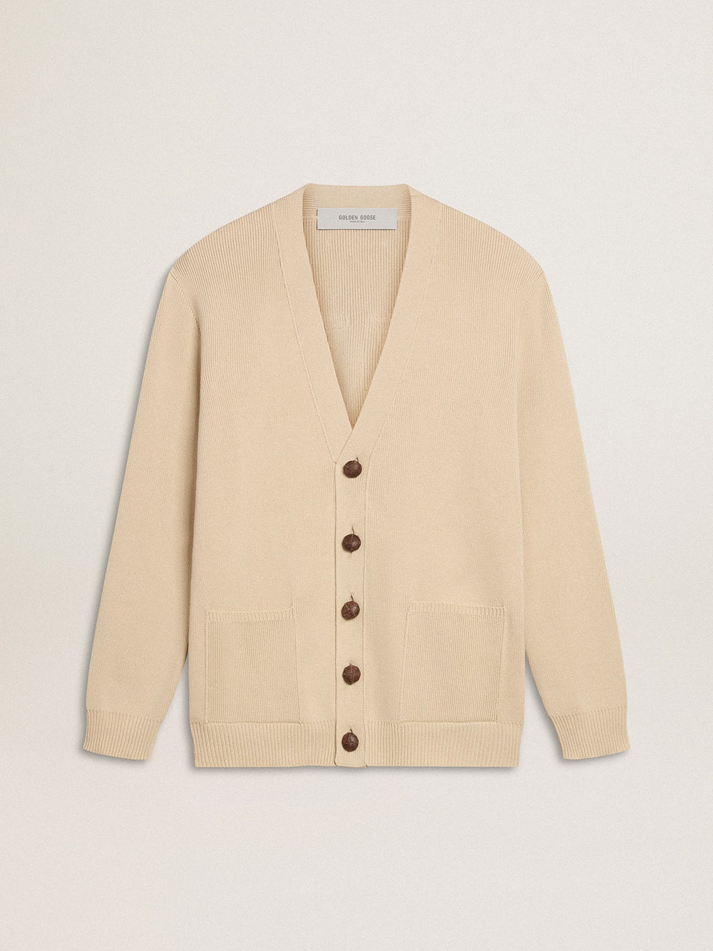 Men’s beige cardigan with 'Golden' lettering on the back