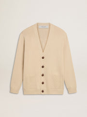 Men’s beige cardigan with 'Golden' lettering on the back