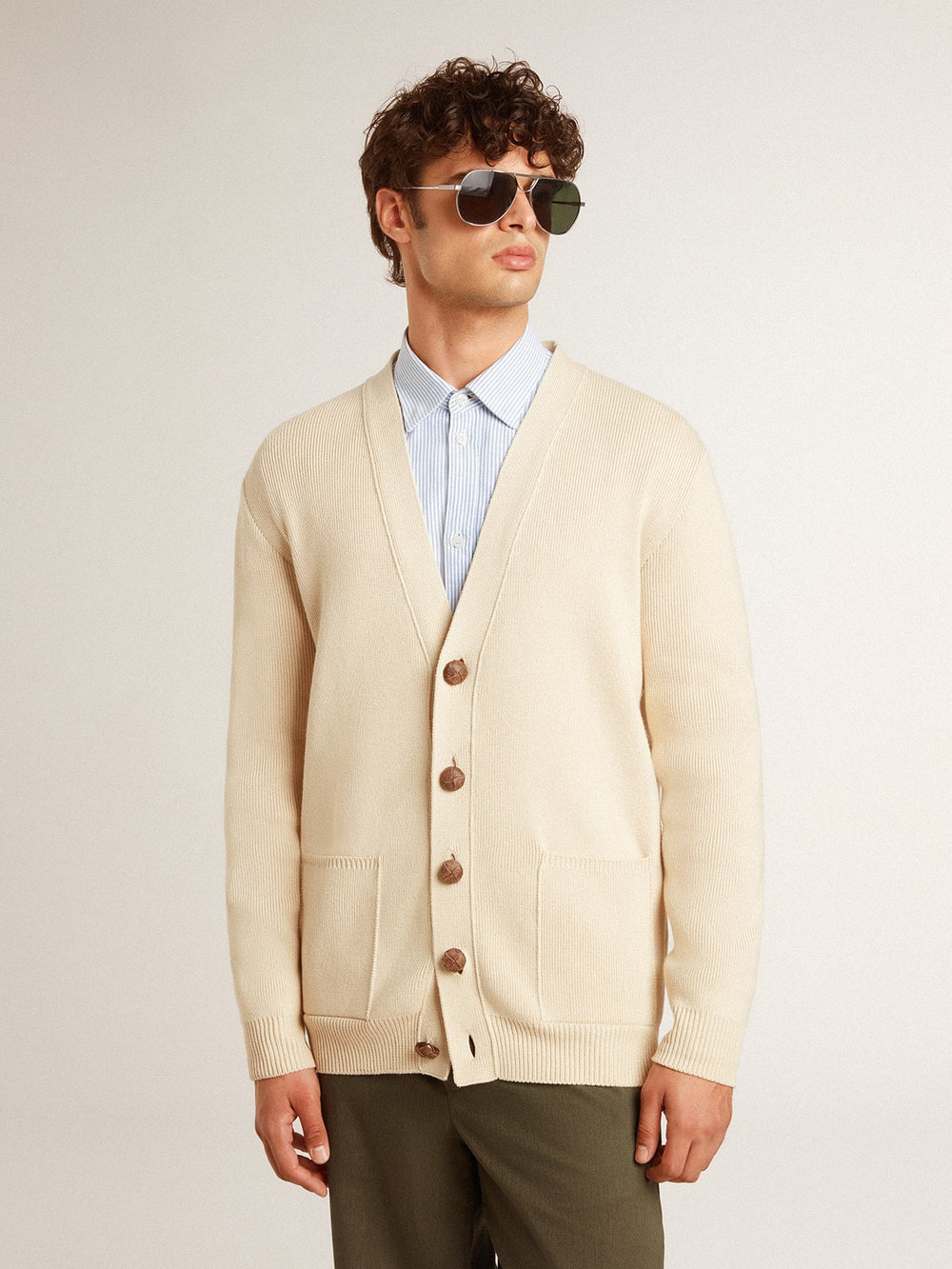 Men’s beige cardigan with 'Golden' lettering on the back