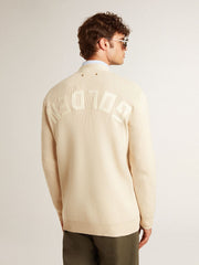 Men’s beige cardigan with 'Golden' lettering on the back
