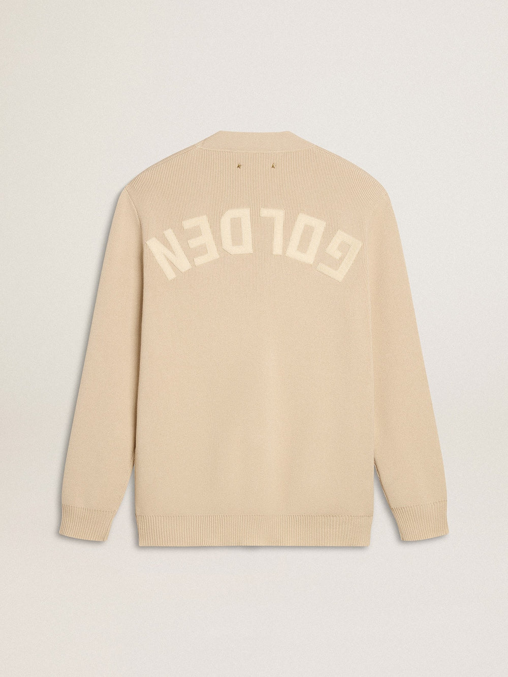 Men’s beige cardigan with 'Golden' lettering on the back