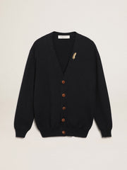 Golden Collection cardigan in dark blue cotton with a distressed finish