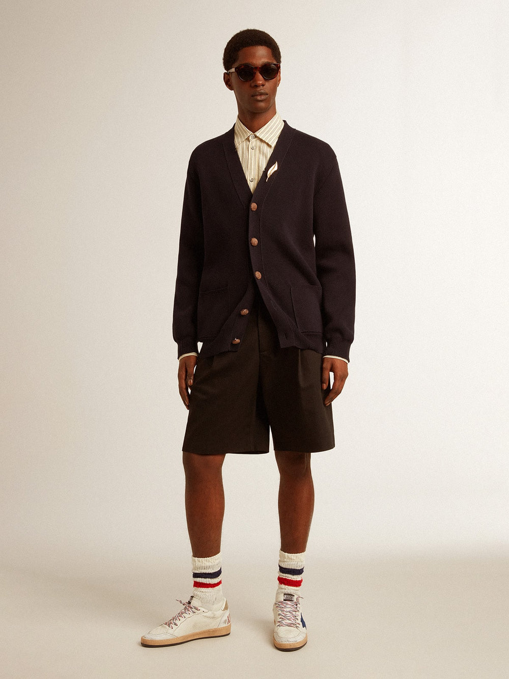 Golden Collection cardigan in dark blue cotton with a distressed finish